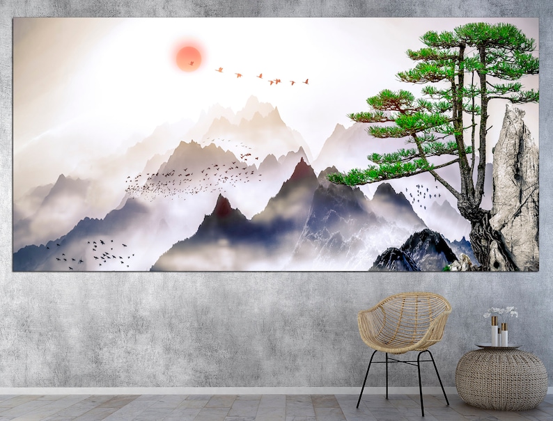 May include: A watercolor painting of a mountain landscape with a single pine tree on a rocky cliff. The mountains are covered in fog and the sky is a soft white with a red sun.