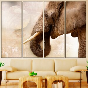 May include: A close-up of an elephant's head and trunk, with a soft, faded background. The elephant's skin is textured and wrinkled, and its tusks are long and curved. The image is split into three panels.