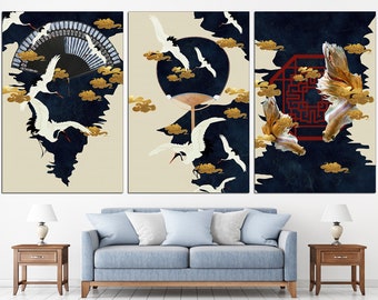 Japanese Crane Canvas Print Set, Traditional Wall Art (Set of 3)