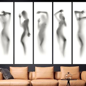 May include: Five black and white silhouette images of a person in various poses, printed on five separate canvases. The canvases are arranged horizontally in a row, with a brown leather sofa in the foreground.