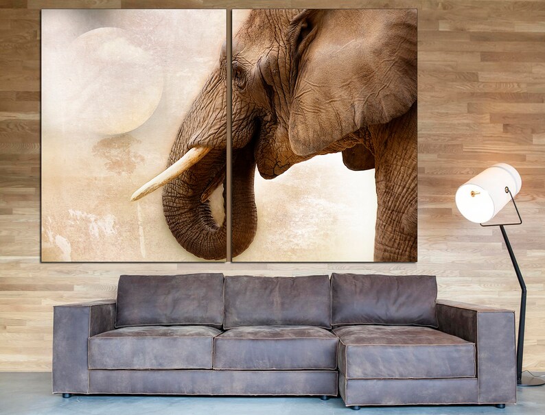May include: A close-up of an elephant's head and trunk, with a soft, faded background. The elephant's skin is textured and brown, and its tusks are long and white.