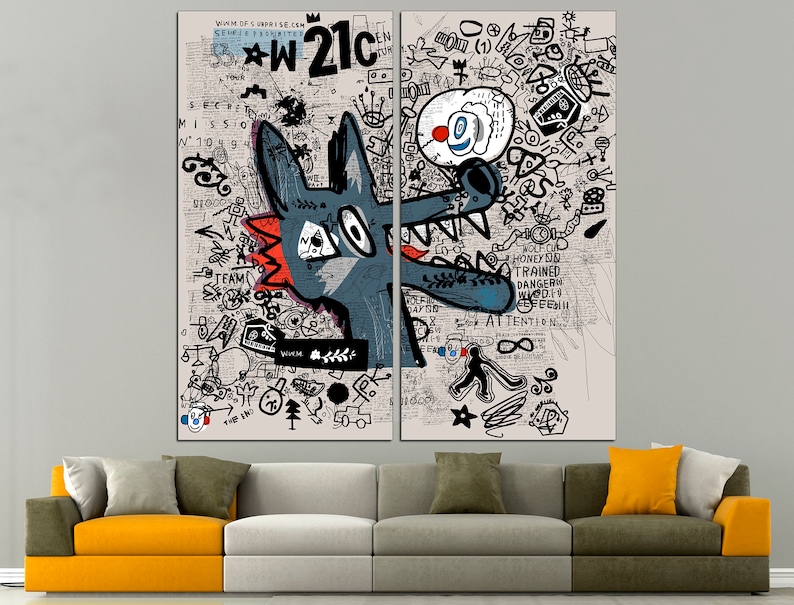 May include: A split canvas print with a cartoon wolf in the center. The wolf is blue and gray with red accents. The background is a white and gray collage of text and drawings. The text includes words like "W21C", "TEAM", "DANGER", and "ATTENTION".
