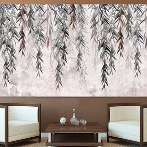 May include: A large wall art print featuring a watercolour painting of weeping willow branches with a light grey background.