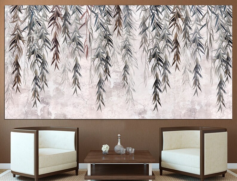 May include: A large wall art print featuring a watercolour painting of weeping willow branches with a light grey background.