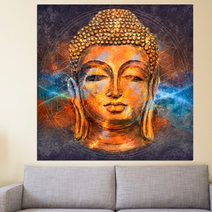 May include: A large square canvas print featuring a detailed, colorful depiction of a Buddha head. The artwork uses orange, blue, and gold tones, with a textured appearance. The background is dark with geometric patterns.