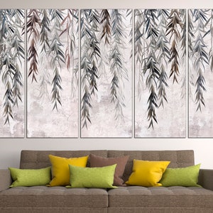May include: A set of three canvas prints featuring a watercolour-style painting of weeping willow branches hanging down against a light grey background.