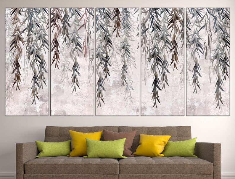 May include: A set of three canvas prints featuring a watercolour-style painting of weeping willow branches hanging down against a light grey background.