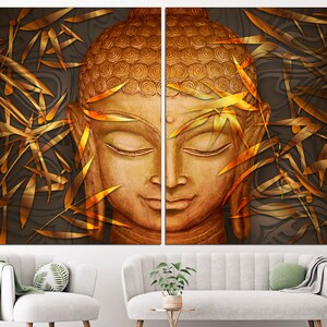 May include: A golden Buddha statue with closed eyes, surrounded by gold bamboo leaves on a dark background.