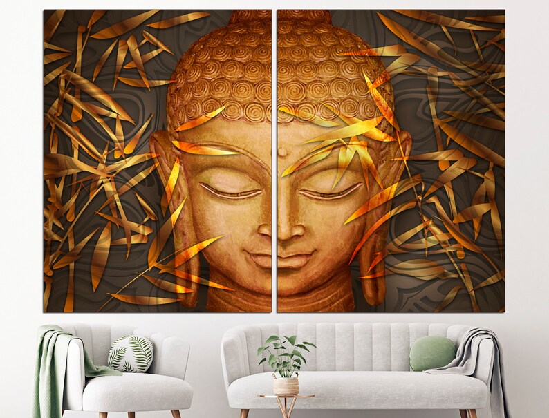 May include: A golden Buddha statue with closed eyes, surrounded by gold bamboo leaves on a dark background.