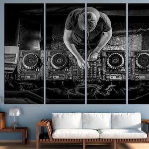 May include: A black and white photo of a DJ mixing music on a set of turntables. The DJ is wearing a cap and headphones. The photo is split into three sections.