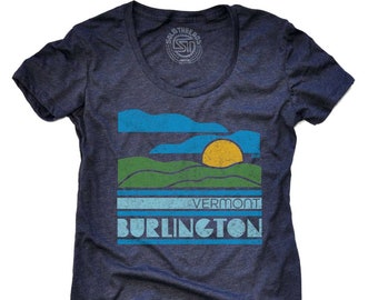 Women's Burlington VT Sunset Vintage Inspired T-shirt, Retro Vermont Tee, Fun Lake Champlain Shirt, Artistic Mountains Sunset Graphic Tee