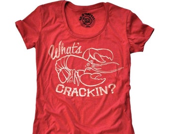 Women's What's Crackin Vintage Inspired T-shirt, Funny Lobster Feast T-Shirt, Retro Maine Beach Trip Shirt, Funny Summer Vacation T-Shirt