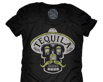 Women's Tequila Skull Vintage Inspired T-shirt, Fun Cinco De Mayo Graphic Tee, Retro Summer Drinking Scoopneck, Cute Girl's Weekend Shirt
