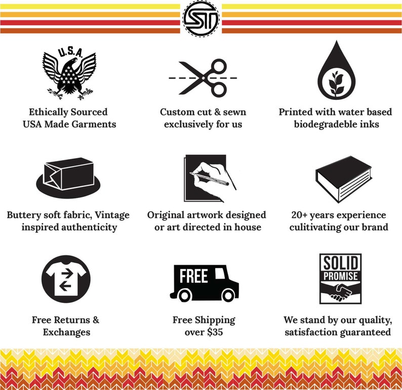 K&ouml;nnte beinhalten: Eine grafische Illustration, die das Engagement eines Unternehmens f&uuml;r Qualit&auml;t und Kundenzufriedenheit zeigt. Das Bild zeigt Symbole, die f&uuml;r ethisch bezogene Materialien, ma&szlig;geschneiderte Kleidung, wasserbasierte Tinten, Original-Artwork, kostenlosen Versand sowie kostenlose R&uuml;ckgabe und Umtausch stehen. Der Text "Solid Promise" ist in einem Banner dargestellt.