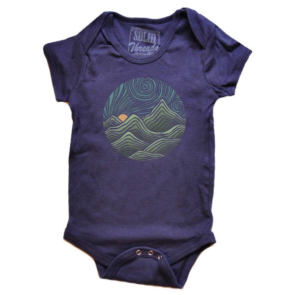 Swirly Mountains Vintage Inspired Baby Onesie, Retro Nature Romper with Front Snaps, Cute Baby Hippie Clothes, Cool Artsy Baby Gift