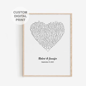 Personalized Heart Shaped Song Lyrics Print, Anniversary Gift, Custom Heart Shaped Text, Valentine&#39;s Day Poster, Gift for Her, Gift for Him