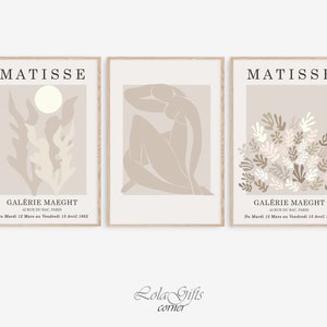 Set of 3 Beige Matisse Print, Exhibition Poster, Boho Muted Print Set, Neutral Wall Art, Abstract Wall Print, Beige White Minimalist Art