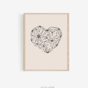 Abstract Heart Line Art, Black Beige Wall Art, Floral Modern Aesthetic Print, Neutral Wall Art,  Gallery Wall Art, Minimalist Digital Print