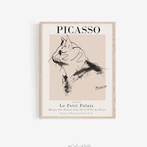 Picasso Exhibition Poster, Cat Line Drawing, Pablo Picasso Cat Sketch, Neutral Wall Art, Light Beige Minimalist Art, Office Wall Art