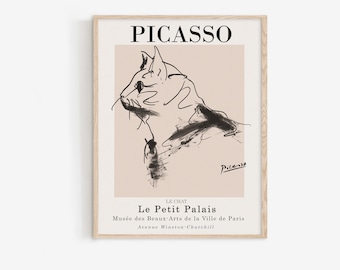 May include: A black and white line drawing of a cat by Pablo Picasso. The drawing is on a light pink background with the text "Le Chat Le Petit Palais Musée des Beaux-Arts de la Ville de Paris Avenue Winston-Churchill" below the drawing.