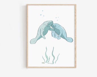 Manatee Family Print,Digital Painting,Nautical Nursery Art, Ocean Animal Wall Decor, Neutral Art, Nursery Print, Baby Shower Gift,Sea Animal