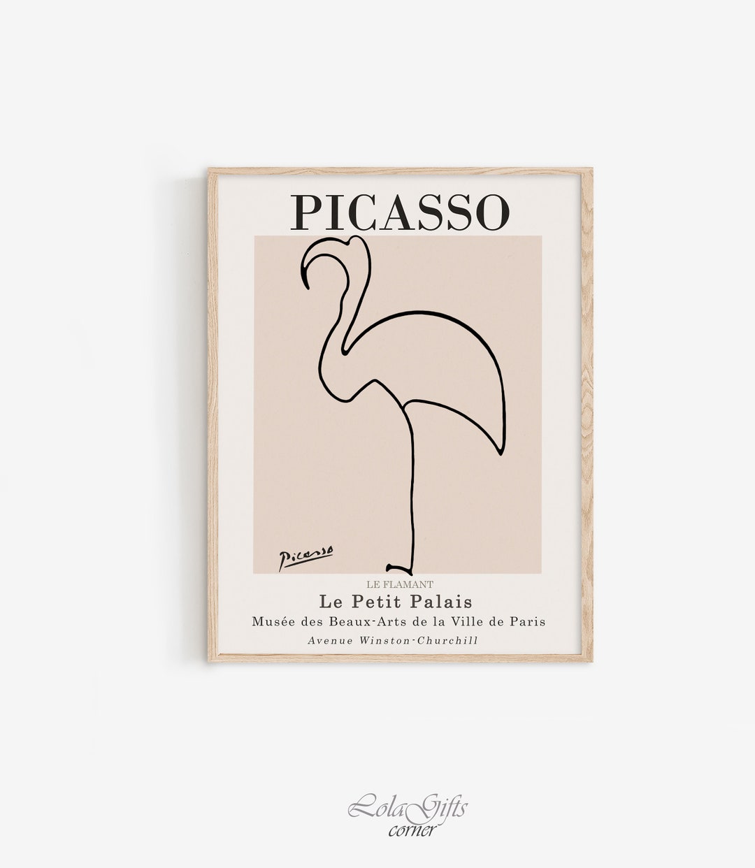 Picasso Dessin au trait flamant, croquis de Pablo Picasso, art mural neutre, art vintage Picasso