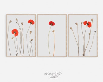 ENSEMBLE de 3 coquelicots imprimés, imprimés botaniques, art végétal écarlate, art mural de ferme, imprimés de salon, affiche minimaliste moderne, art rustique