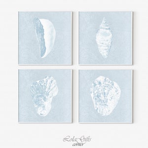 Seashell Prints SET: 4 Light Blue Coastal Nursery Art (Digital Download)