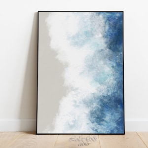 Cartel del océano, impresión de olas de acuarela, arte de la pared playera, decoración de la pared blanca azul, impresión costera, pintura del paisaje marino, pared de la galería azul, impresión de olas