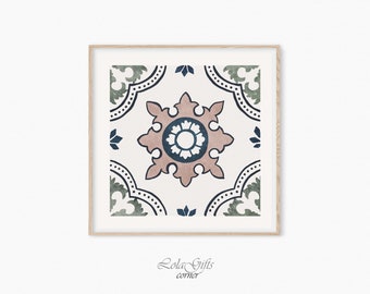May include: A framed print of a square tile design with a pink, blue, and green geometric pattern. The tile design is on a white background.