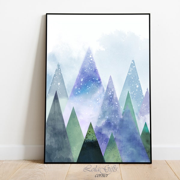 Mountain Illustration Art Print, Nordic Landscape Poster, Blue Green Wall Art, Nature Illustration, Foggy Mountain Poster, Fantasy Painting