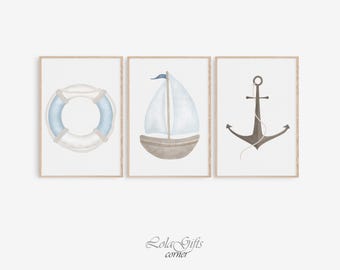 Zestaw wydruków do pokoju dziecięcego w stylu marynistycznym, akwarelowa sztuka żaglówki, dekoracja ścienna z widokiem na ocean, plakat do pokoju dziecięcego, wydruki o tematyce morskiej, dekoracja pokoju dziecięcego
