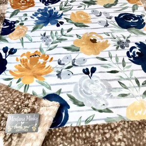 Designer Navy & Mustard Floral Fawn Minky blanket