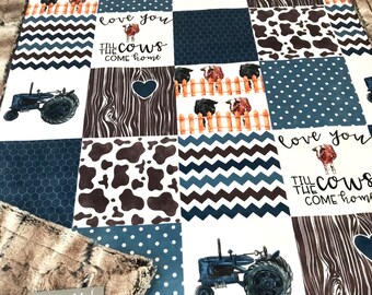 Blue tractor Farm Cow Minky Blanket