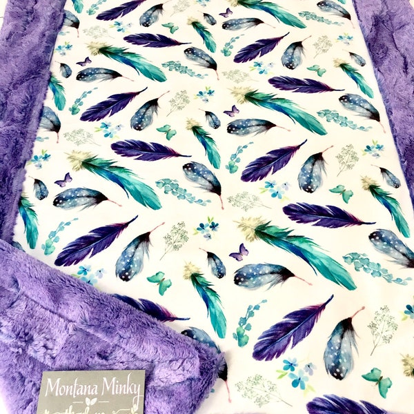 Lilac Mermaid Feathers & Florals Designer Minky Luxe Blanket