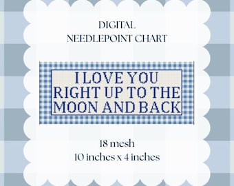 Gráfico de bordado "Te amo hasta la luna": guardería de cuadros azules (descarga digital)