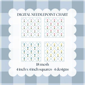 May include: Digital needlepoint chart with four 4-inch x 4-inch square designs. Each square features a floral pattern on a light blue grid. The chart includes pink, blue, and yellow flowers. The text reads "DIGITAL NEEDLEPOINT CHART" and "18 mesh".