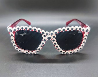 Eyeball Covered Red Sunglasses, Festival, trippy glasses, fun glasses, UV Protection, red frames, black lenses
