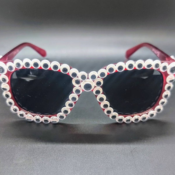 Eyeball Covered Red Sunglasses, Festival, trippy glasses, fun glasses, UV Protection, red frames, black lenses