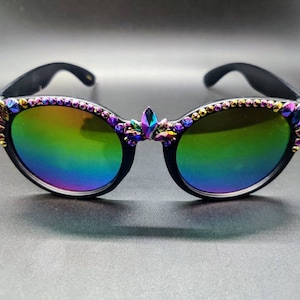 Black Rainbow Mirrored Lens Rhinestone Sunglasses, Embellished, Pride, LGBTQ, Festivals, parade, jeweled, Iridescent