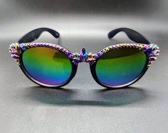 Black Rainbow Mirrored Lens Rhinestone Sunglasses, Embellished, Pride, LGBTQ, Festivals, parade, jeweled, Iridescent