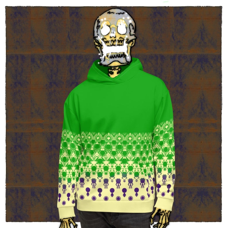 May include: Green hoodie with a white and purple geometric pattern on the bottom half of the sleeves and bottom hem.