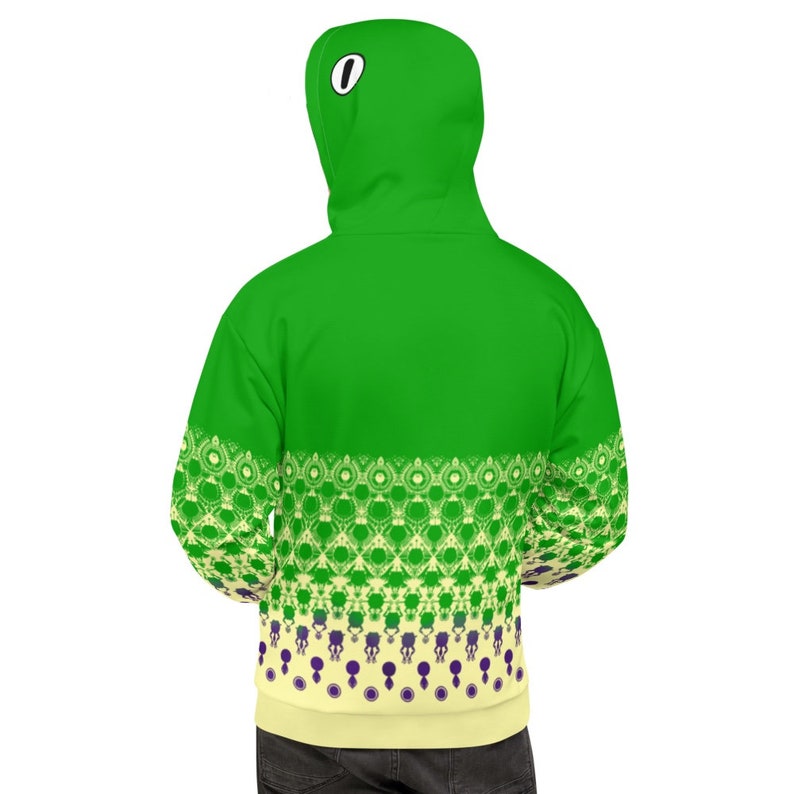 May include: A green hoodie with a yellow and purple patterned design at the bottom. The hoodie has a drawstring hood and a front pouch pocket.