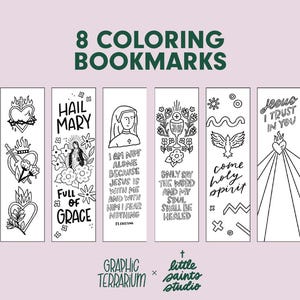 Pode incluir: Oito marcadores para colorir com temas religiosos. Cada marcador apresenta ilustrações e texto em preto e branco, incluindo imagens de santos, corações e citações inspiradoras. Os marcadores são projetados para colorir.