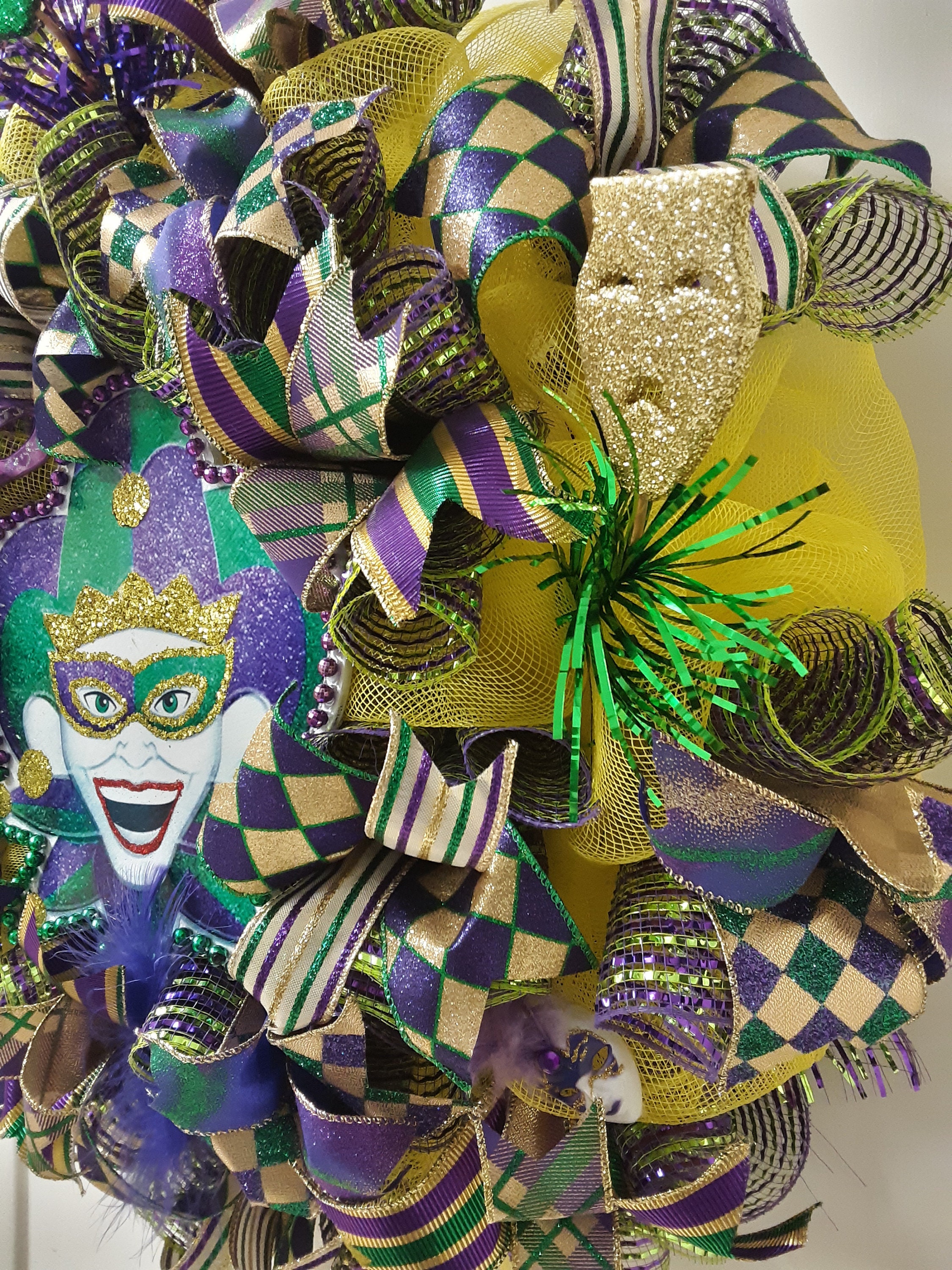 Mardi Gras wreath,front door wreath, jester wreath, purple, green and