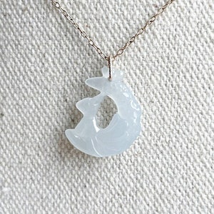 Jade Necklace NJ230117 Dainty Pendant Carved Fox Moon Natural Burmese Jade Gold Filled Light Green White Minimal
