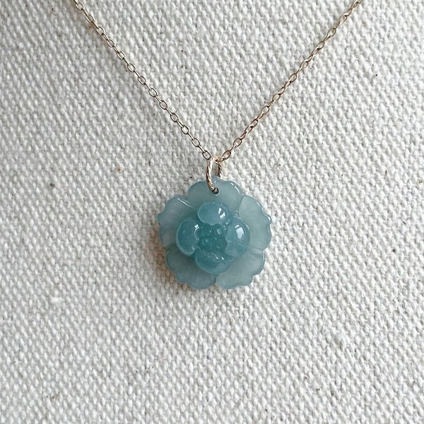 Jade Necklace NJ220901 Dainty Flower Lotus Natural Guatemala Jade Gold Filled Silver Blue Minimal