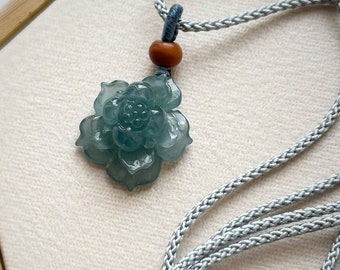 Jade Necklace NJ240225 Pendant Carved Flower Lotus Natural Guatemala Jade Hand Tie Adjustable Dark Blue Minimal
