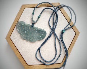 Jade Necklace NJ230215 Dainty Pendant Carved Butterfly Adjustable Natural Guatemala Jade Blue Minimal