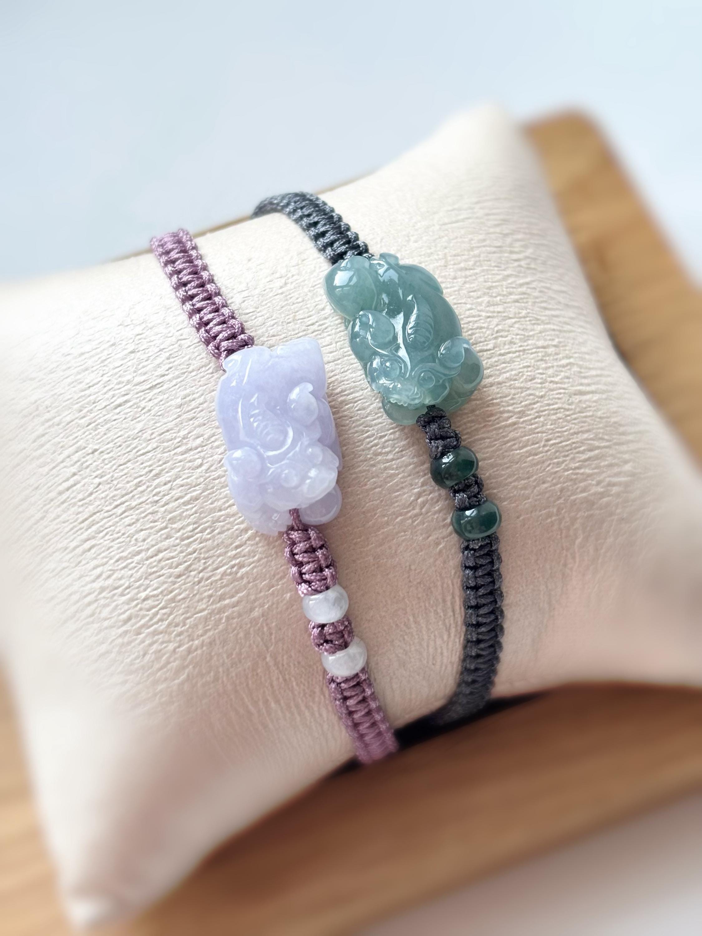 Bracelet en jade BJ250201 Dainty Pixiu Jade birman naturel du Guatemala Bracelet en jade à nouer à la main Lavande bleue Minimal
